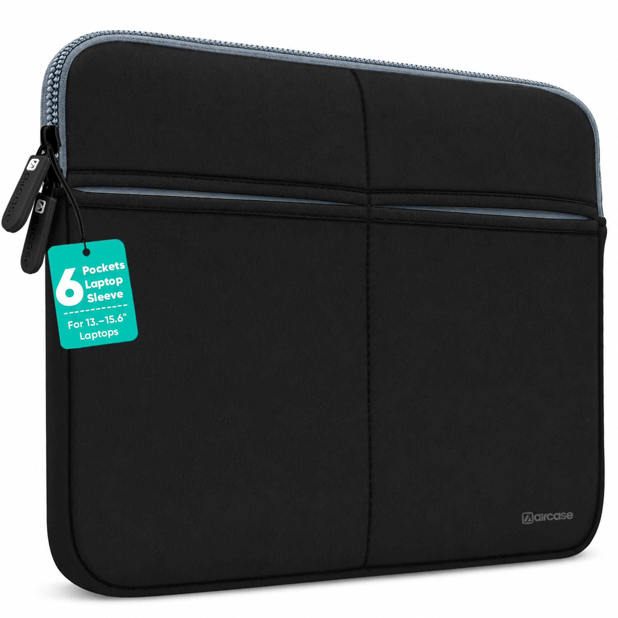 AirCase 6 Pocket Neoprene Laptop Sleeve for 13-15.6 Inch Laptops | Waterproof Laptop Cover Bag | Case with Charger & Accessory Pockets | All Brands & Chromebooks | Black