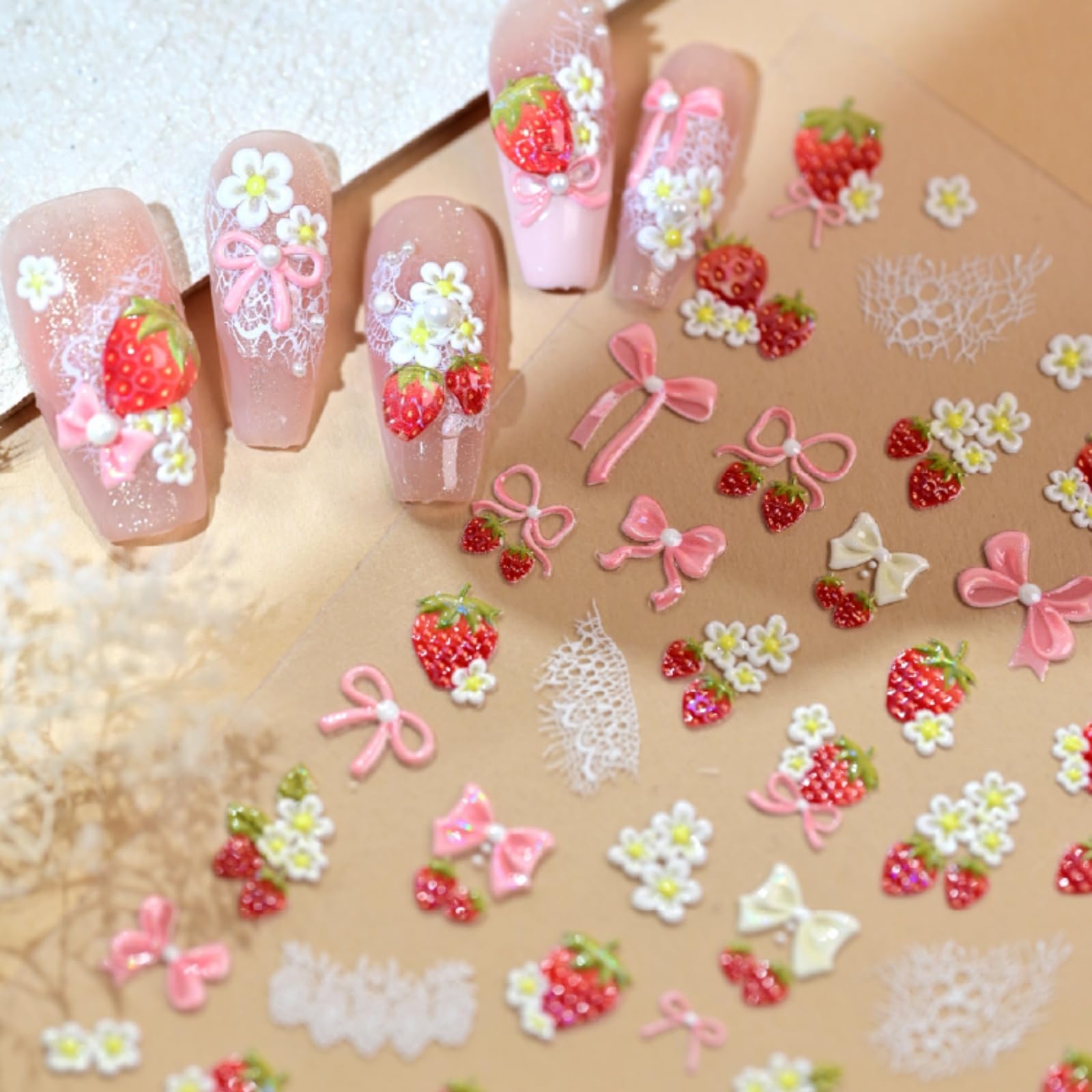 Strawberry Nail Stickers Cute Nail Decals Flower Nails Art Stickers with Bow Design 5D Embossed Self Adhesive Nails DIY Charms for Women Manicure Decoration Supply