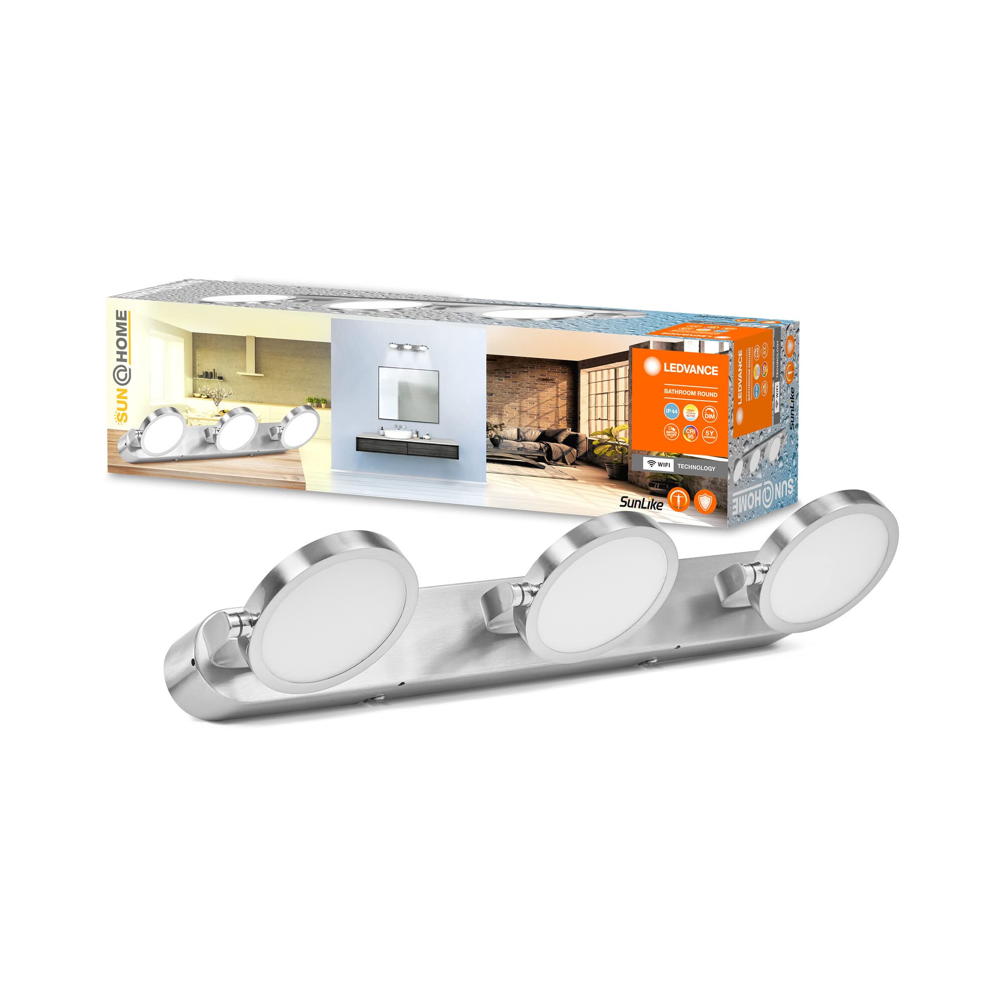 LEDVANCE Lámpara de baño SUN@HOME 450mm IP44, 20W, 1560lm, 2200K a 5000K, control continuo, regulable, adapta automáticamente la luz al biorritmo, protección IP44, cromo | , , blanco, 0 mm dia, 30000 h h, Paquete de 1