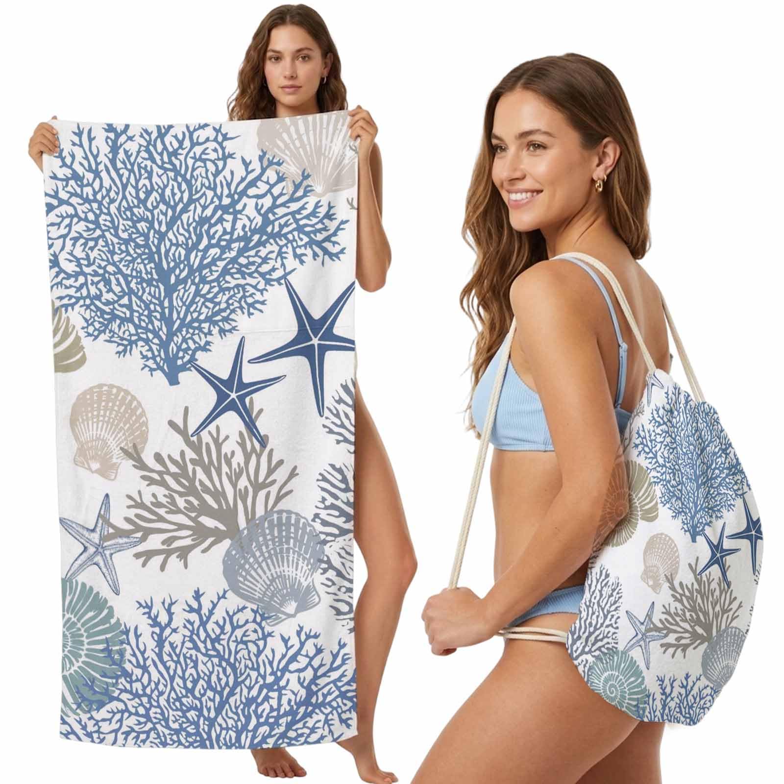 Beach Towel Backpack, Ocean Coral Shell Starfish 2-in-1 Foldable Soft Microfiber Quick Dry Beach Towel 31.5x63in Watercolor Underwater Marine Life Lightweight Pool Towels Bag for Travel, Yoga, Gym