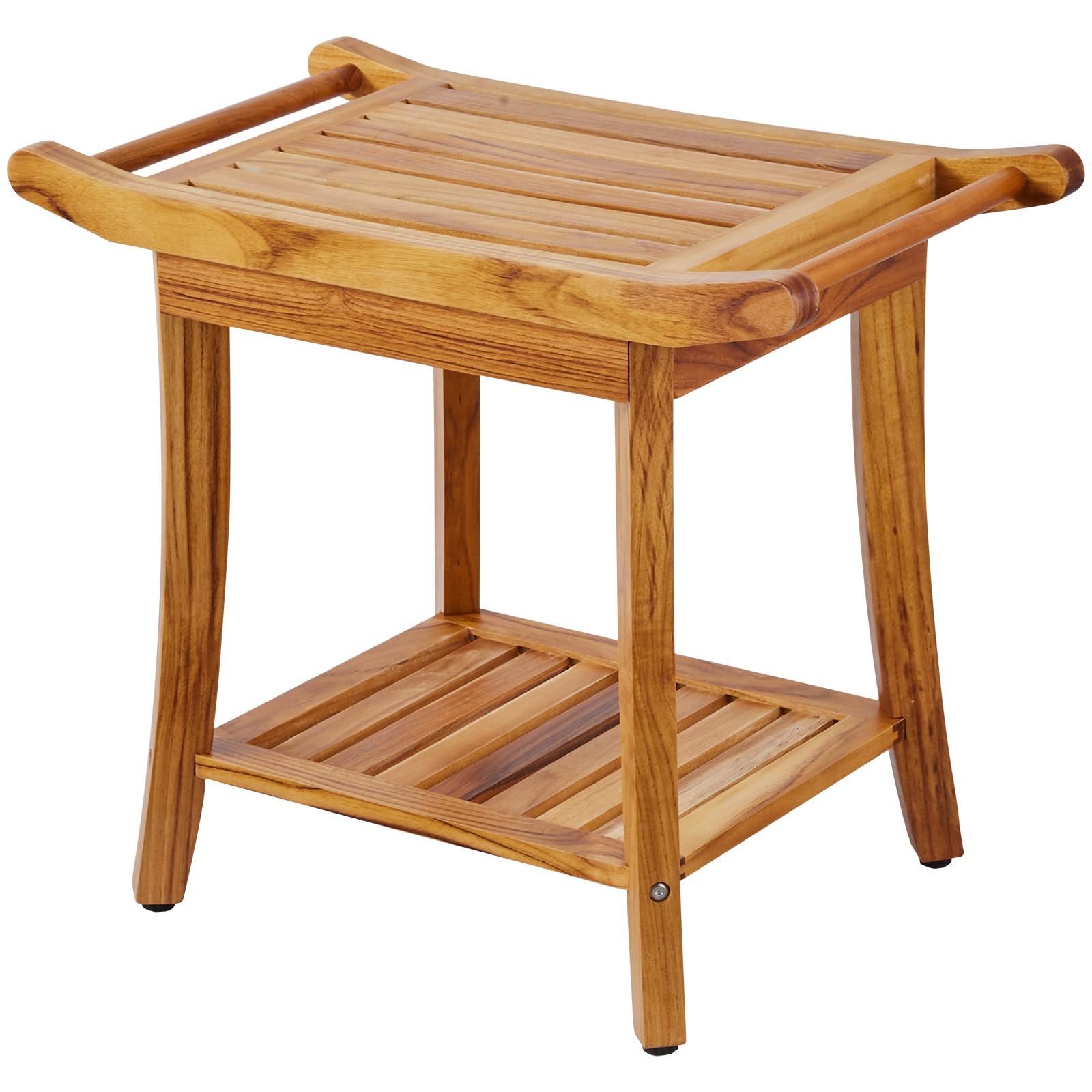 VEVOR Banco de Ducha de Teca de Madera Resistente al Agua con Estante de Almacenamiento, Asa y Patas Antideslizantes, Carga Máxima de 136,1 kg, para Uso en Interiores y Exteriores 560 x 365 x 470 mm