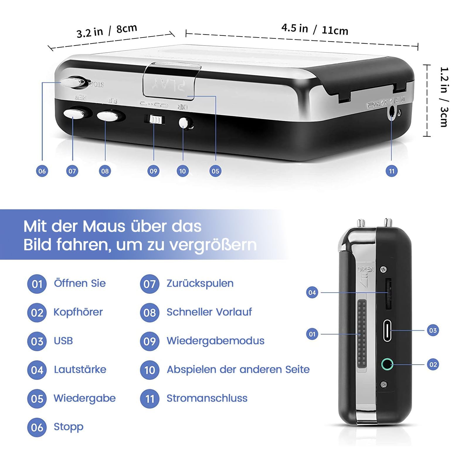 Reshow Przenośny Odtwarzacz Kaset Magnetofonowych, Nagrywanie Audio MP3 przez USB, Konwersja Kasety na MP3