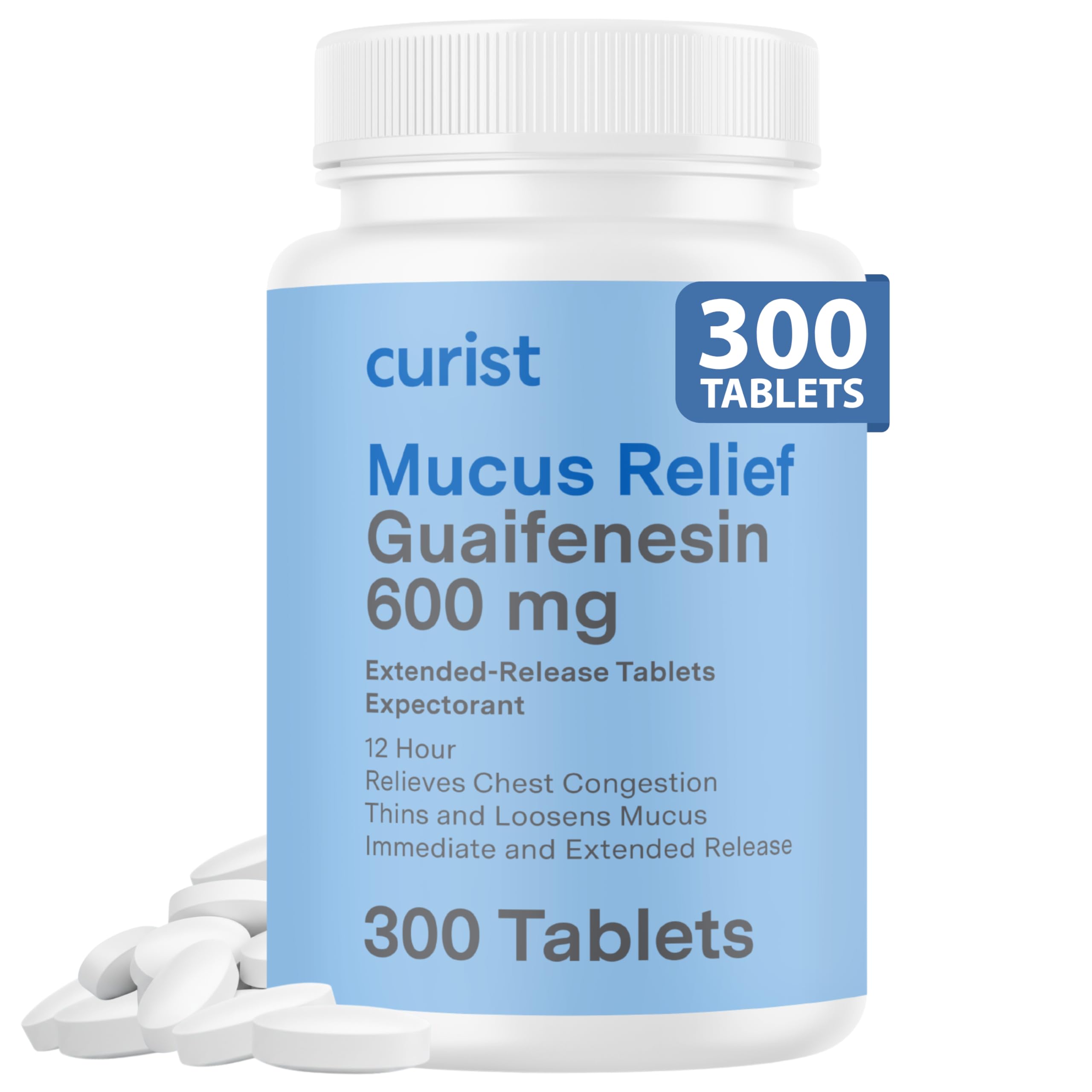 Guaifenesin 600 mg Extended Release Tablets (300 Dye-Free Tablets) - Expectorant Mucus Relief, Generic Guaifenesin 600 mg, (Bulk Pack)