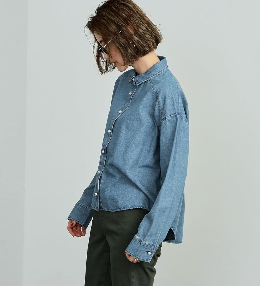 新品未使用タグ付き★ スタンドネックパールボタンシャツデニムシャツ Amazon | [サムシング] トップス パールボタンデニムシャツ レディース