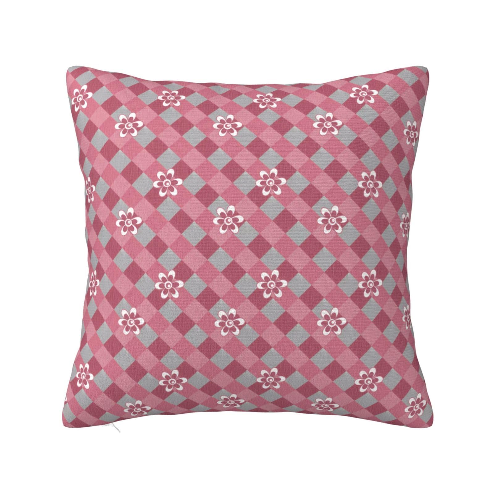 Gray And Pink Plaid With Chamomile Flowers Pillowcase 20"x20"