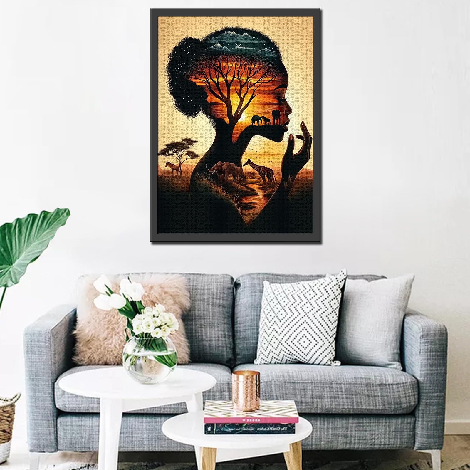 Black Girl Jigsaw Puzzles 1000 Pieces for Adults Families (Africa Woman,Elephant,Giraffe,Tree of Life) Pieces Fit Together Perfectly 19.7''x27.6''inch Landscape Performance Frameable Magic Puzzle Ar - Image 3