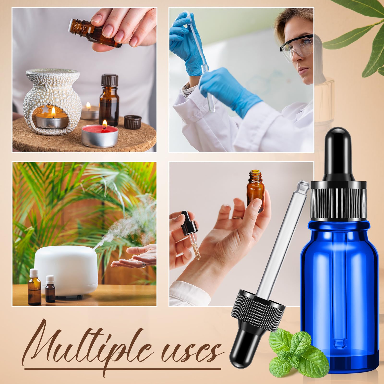 Lallisa Tropfflaschen für ätherische Öle, Glasflaschen mit Augentropfenspender, Tropfflaschen mit 5 Trichtern, 5 Pipetten, 3 ml, 100 Etiketten für ätherisches Öl, Parfüm (blau, 15 ml, 100 Stück)