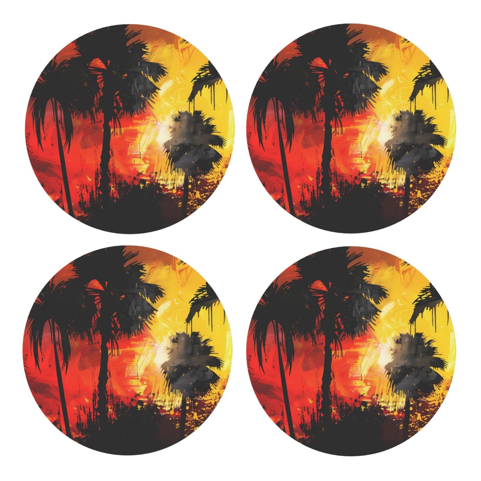 Bedbliss Red Palm Tree Printed rounded Coasters For Drinks Absorbent, 4 Pack Tea Coffee Wooden Coaster Set, Lightweight And Heat-Resistant Coasters With Cork Base For Protection Home
