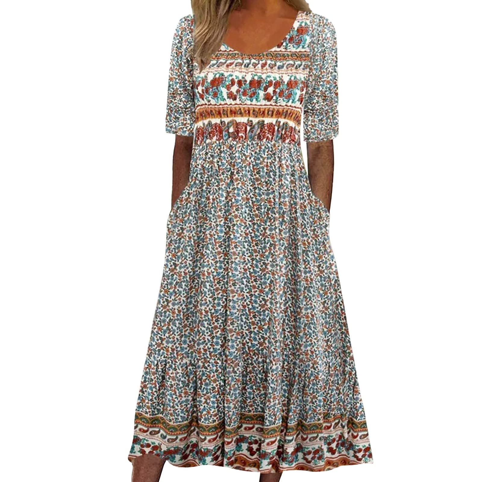 Gyaimxfu Vestidos de Verano Mujer 2024 Talla Grande Manga Corta con Tirantes Boho Vestidos Verano Informal Suelto Vestido Largo Ligero y Transpirable Boho Fiesta Vestido Midi Original