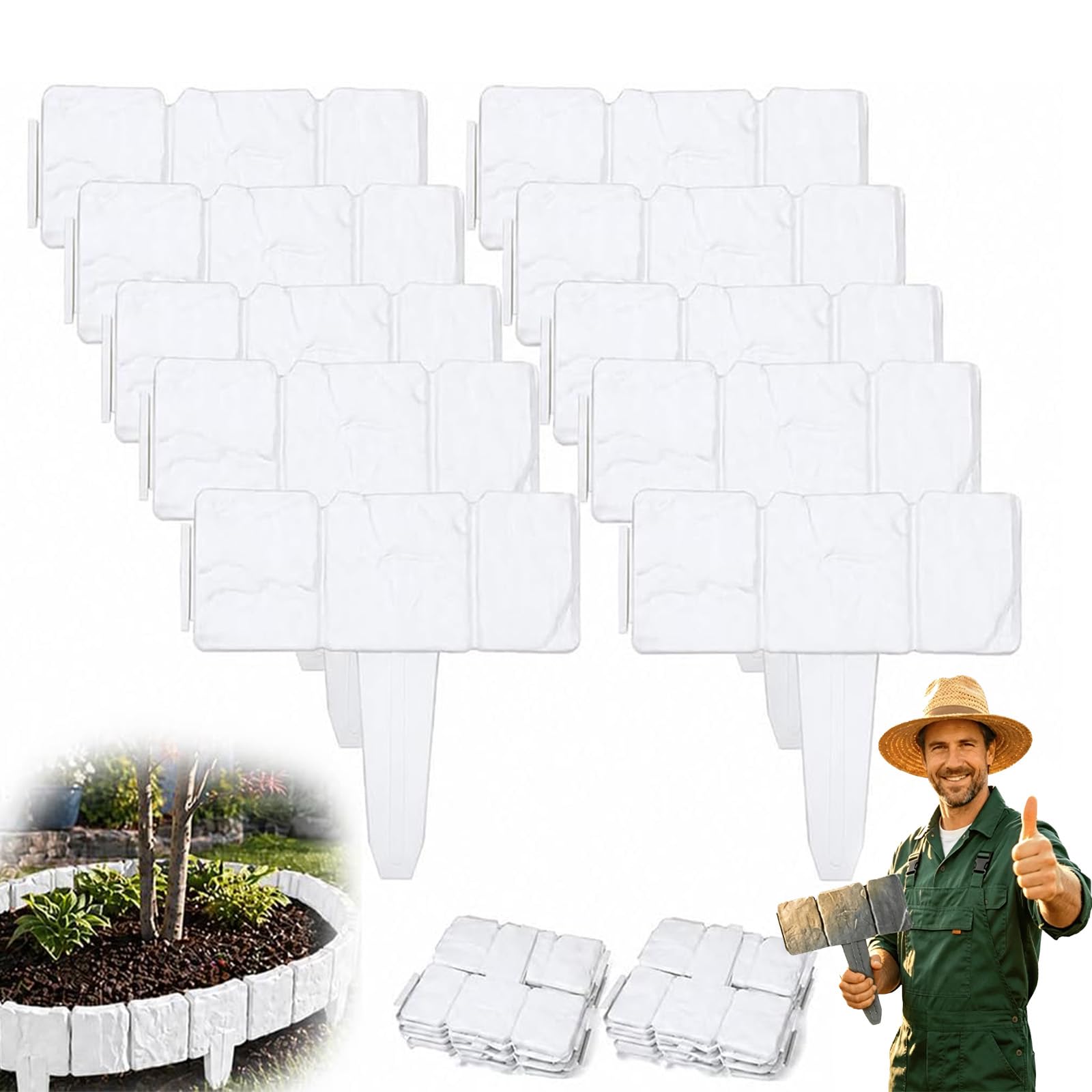 10/20 Piece Stone-Look Decorative Garden Edging Set, Imitation Stone Garden Fence, Plastic Lawn Edging Fence, Flexible Interlocking Landscape Edging, No Dig Decorative Lawn Border (White,10pcs)