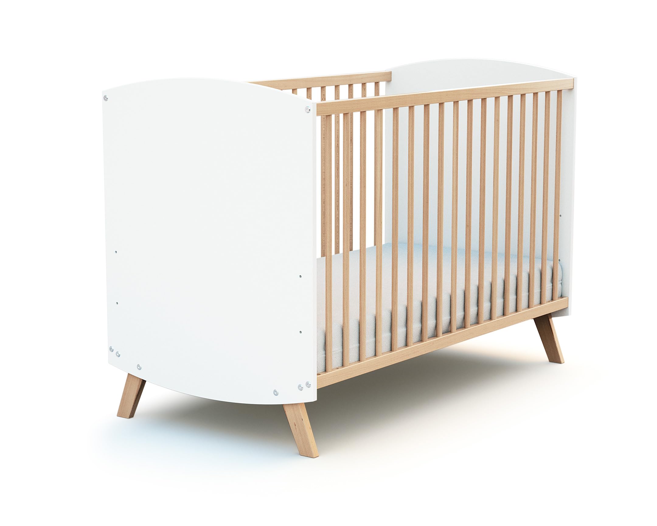 AT4 - Lit bébé en bois 60 x 120 cm SCANDINAVE Blanc et Hêtre| en Bois | Dès la naissance | Confort de sommeil | Sommier à lattes | Lit à barreaux |Sommier réglable 3 hauteurs