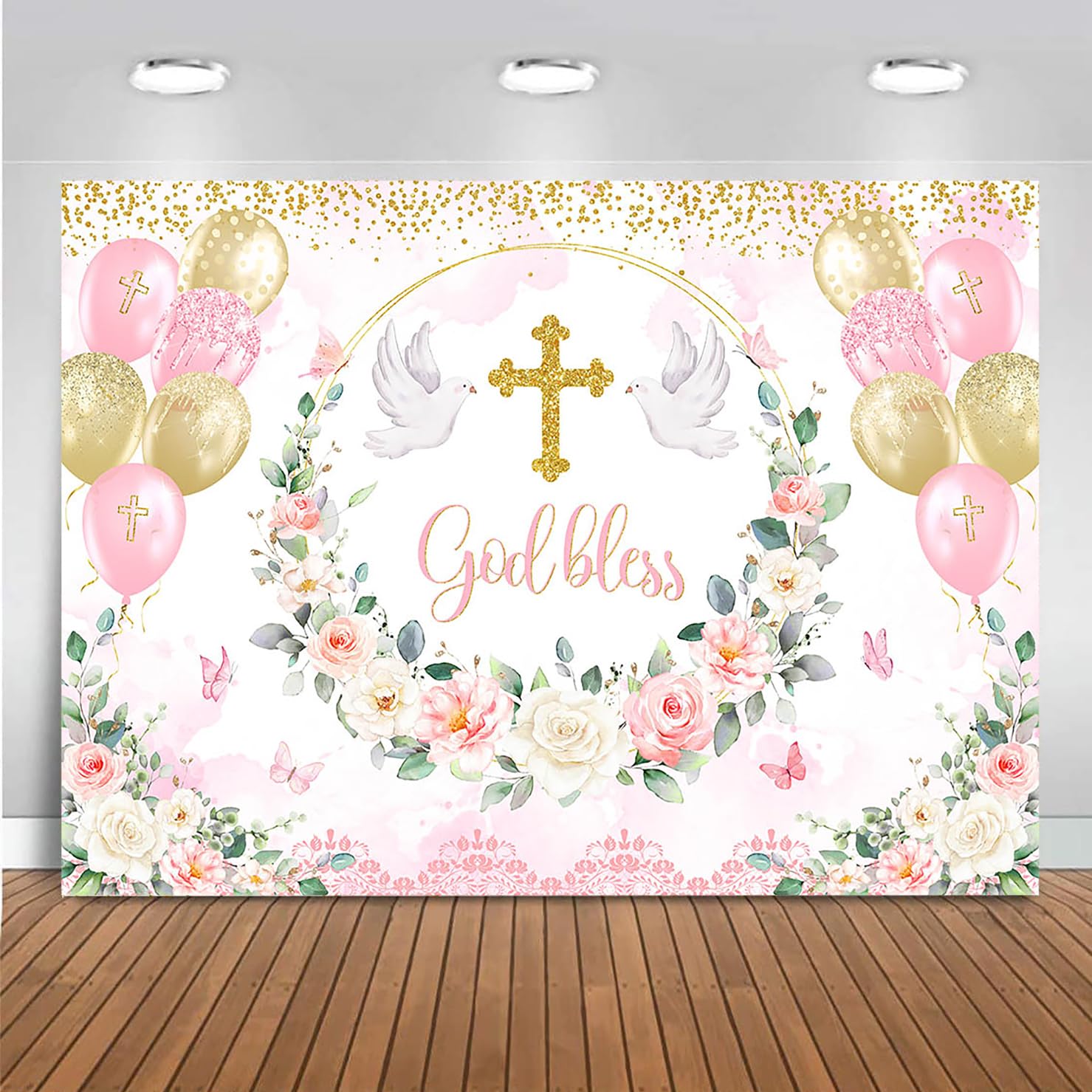 Mocsicka 7x5ft God Bless Banner Baptism Backdrop for Girls Pink Flowers Mi Primera Comunion Baptism Decorations Mi Bautizo First Holy Communion