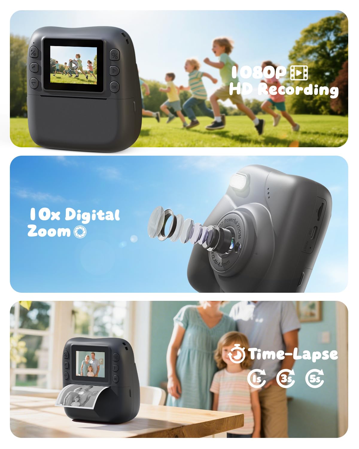 CAMCLID Macchina Fotografica Bambini Istantanea, 1080P HD Macchina Fotografica Istantanea 48MP con Scheda da 32 GB e 3 Rotoli di Carta da Stampa, Regalo per Ragazze Ragazzi da 3-12