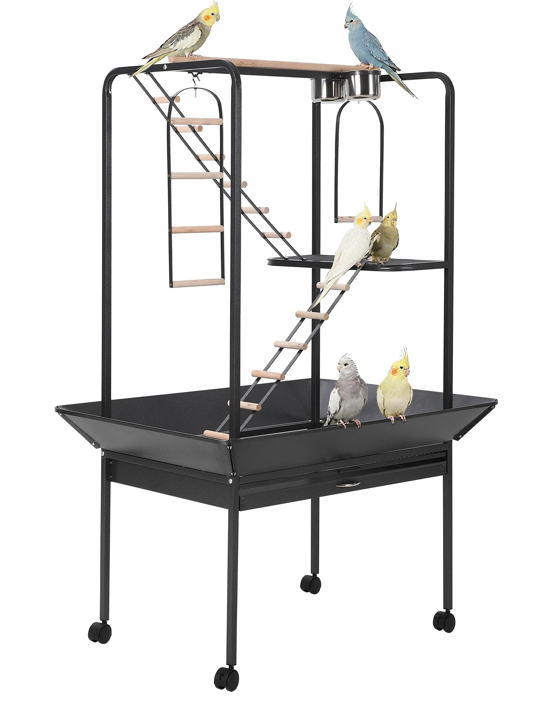 GarveeLife Bird Stand, 64'' H Inch Finch Play Center, Birds Activity Center w/Rotated Ring, Perches, Ramp and Ladder, Removable Tray, Lockable Caster, for Macaw and Parakeet