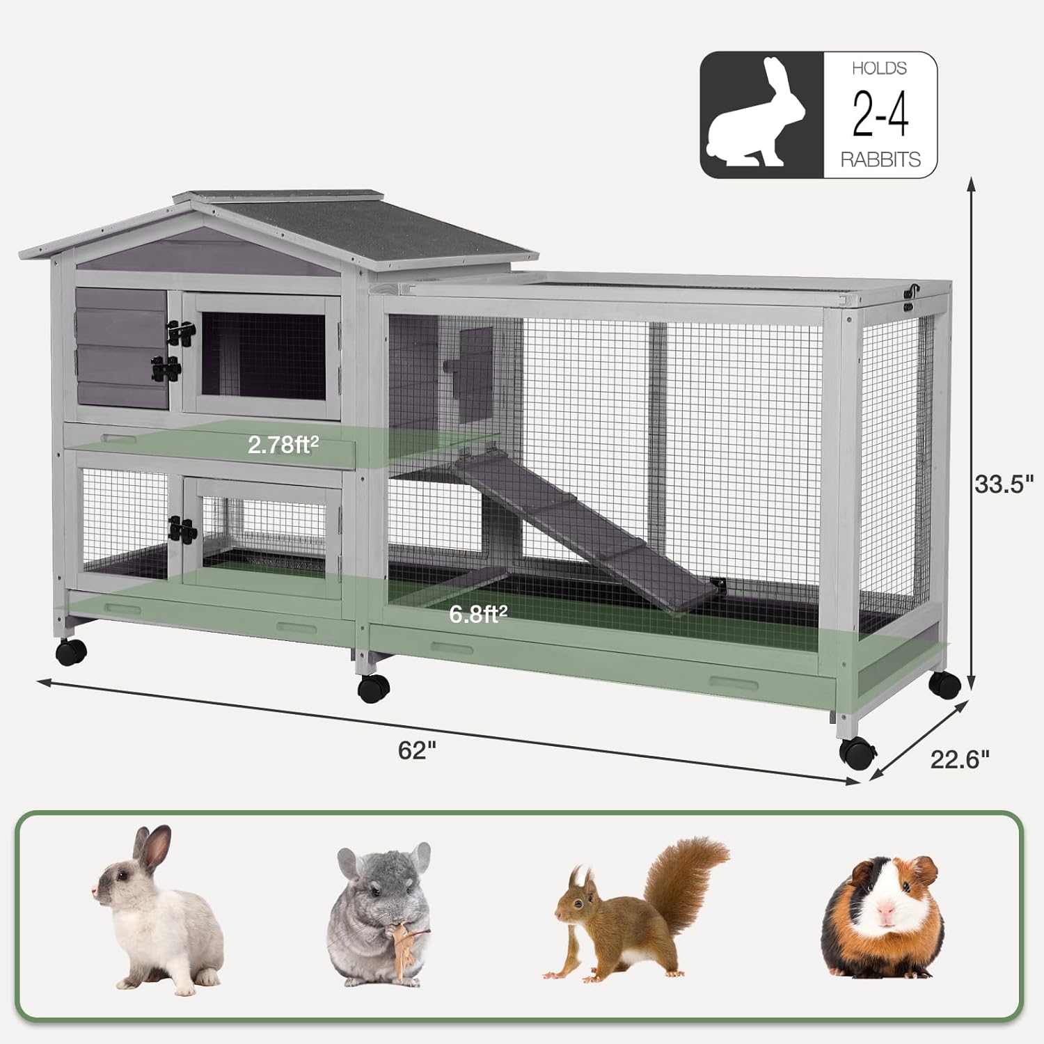 2-Story Indoor Rabbit Hutch with Chew-Proof Outdoor Rabbit Cage with 6 Locking Casters Bunny Cage 2 Pull-Out Trays Guinea Pigs Cage 62"