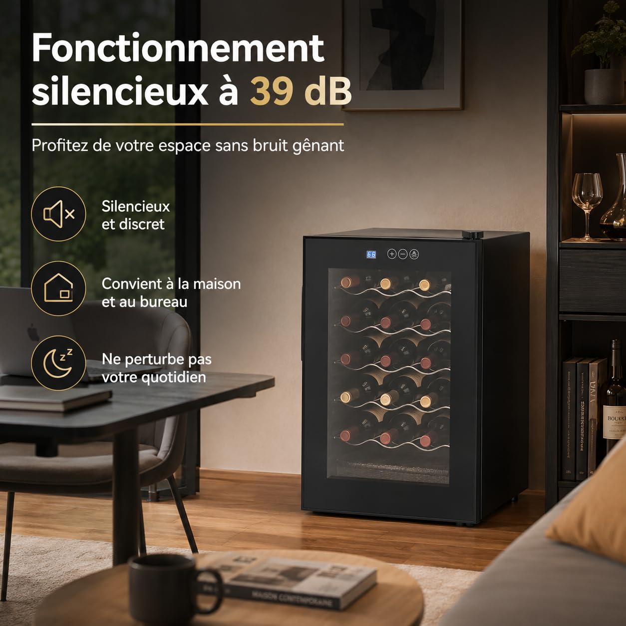 Cave à Vin 20 Bouteilles 48 L Réfrigérateur à Vin avec Température Réglable 12-18 °C, Porte en Verre Trempé, Lumière LED Bleue