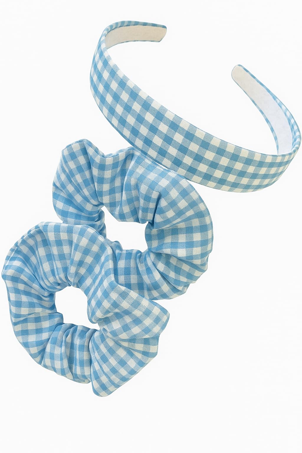 Girls Gingham Hair Set - Light Blue School Headband & 2 Matching Scrunchies - Image 2