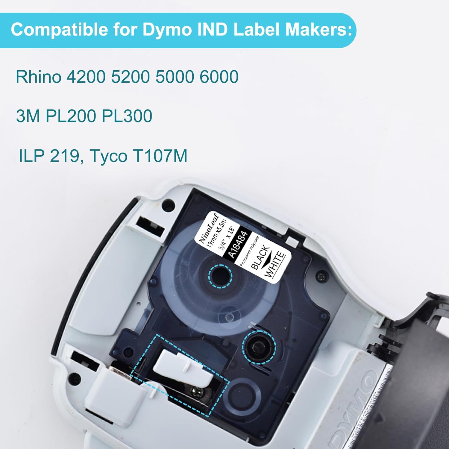 NineLeaf 10 Pack Black on White Permanent Polyester Industrial Label Tape Compatible for Dymo 18484 19mm 3/4" x 18ft Labeling Refill Cartridge use in Rhino 4200 5000 5200 6000 Label Maker