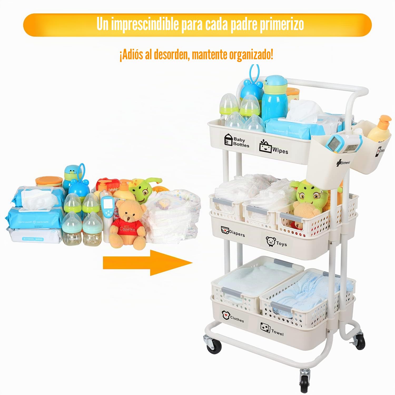 Carrito Organizador de Pañales para Bebés Multifunción, Carrito de Almacenamiento de 3 Niveles Guardería para Bebés Recién Nacidos, para Cambiador y Cuna, Fácil de Montar