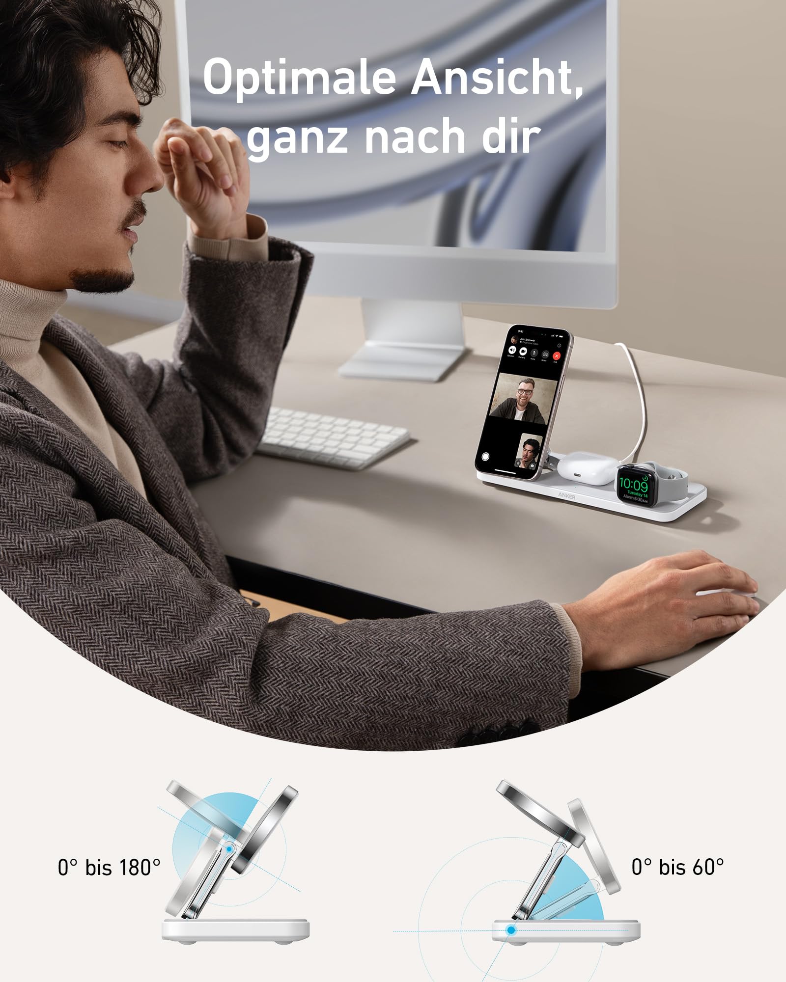 Anker MagGo Faltbare 3-in-1 Kabellose Ladestation, Qi2-zertifiziertes ultraschnelles 15W kabelloses Ladegerät für iPhone 17/16/15/14/13/12, AirPods Pro, Apple Watch Ultra (Mit USB-C Ladegerät + Kabel)