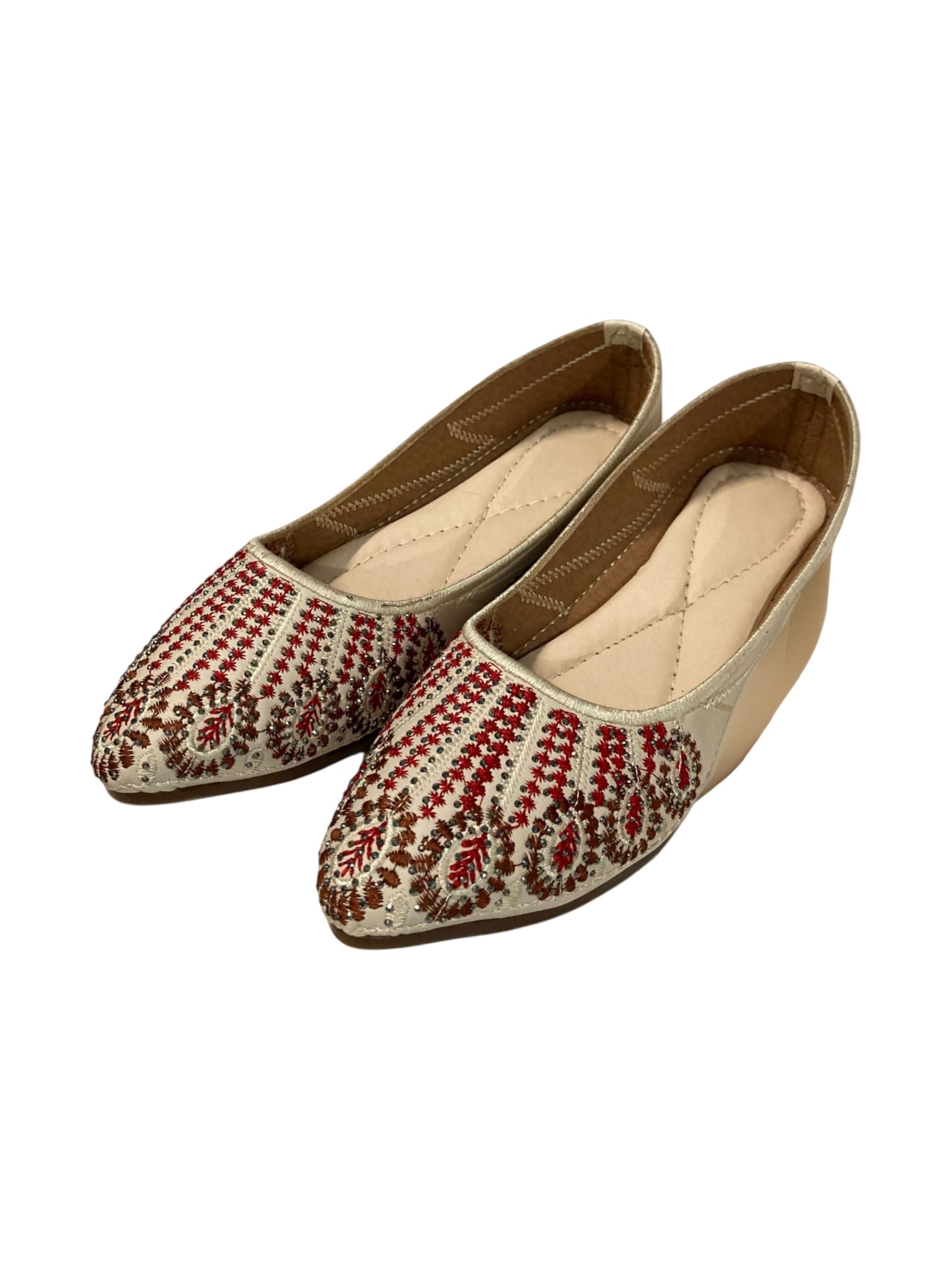 Women's Traditional Ethnic Mojari Flats, Gold with Red Embroidered Pattern, Pointed Toe Casual Jutti Shoes-image-37