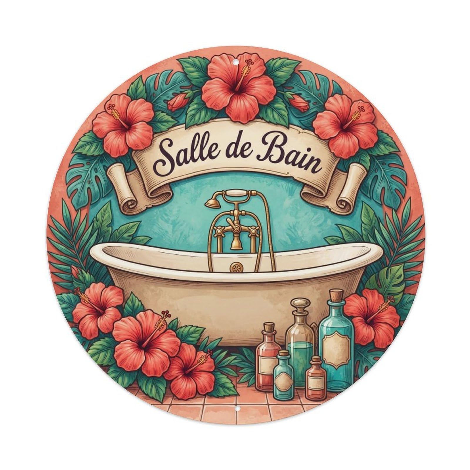 Yrnq Vintage Style Bathroom Hibiscus Round Bathroom Decor Vintage Metal Tin Sign Plaque Wall Decor For Cafe, Club, Garden Round Metal Poster 8X8inch
