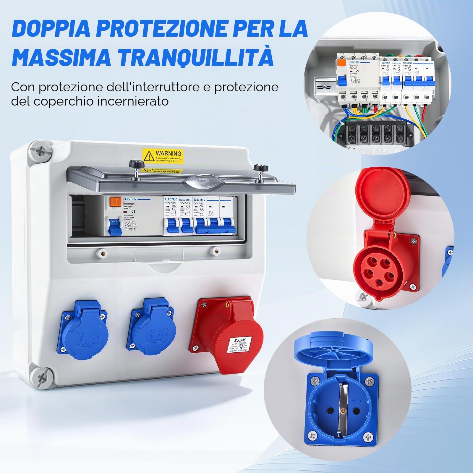 Scatola di Distribuzione a Parete con interruttore automatico e dispositivo di corrente residua, Impermeabile Quadro Elettrico da Cantiere con presa Schuko e presa CEE da 16 A