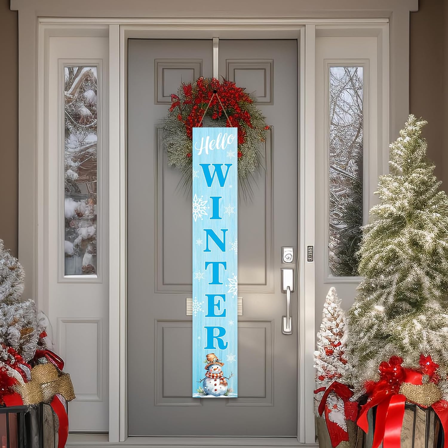 Winter Welcome Wooden Porch Sign Decorations Outdoor Snowman for Porch 47" Standing Front Door Sign Fall Pumpkin Backdrop for Home Front Door Yard Fall Decor