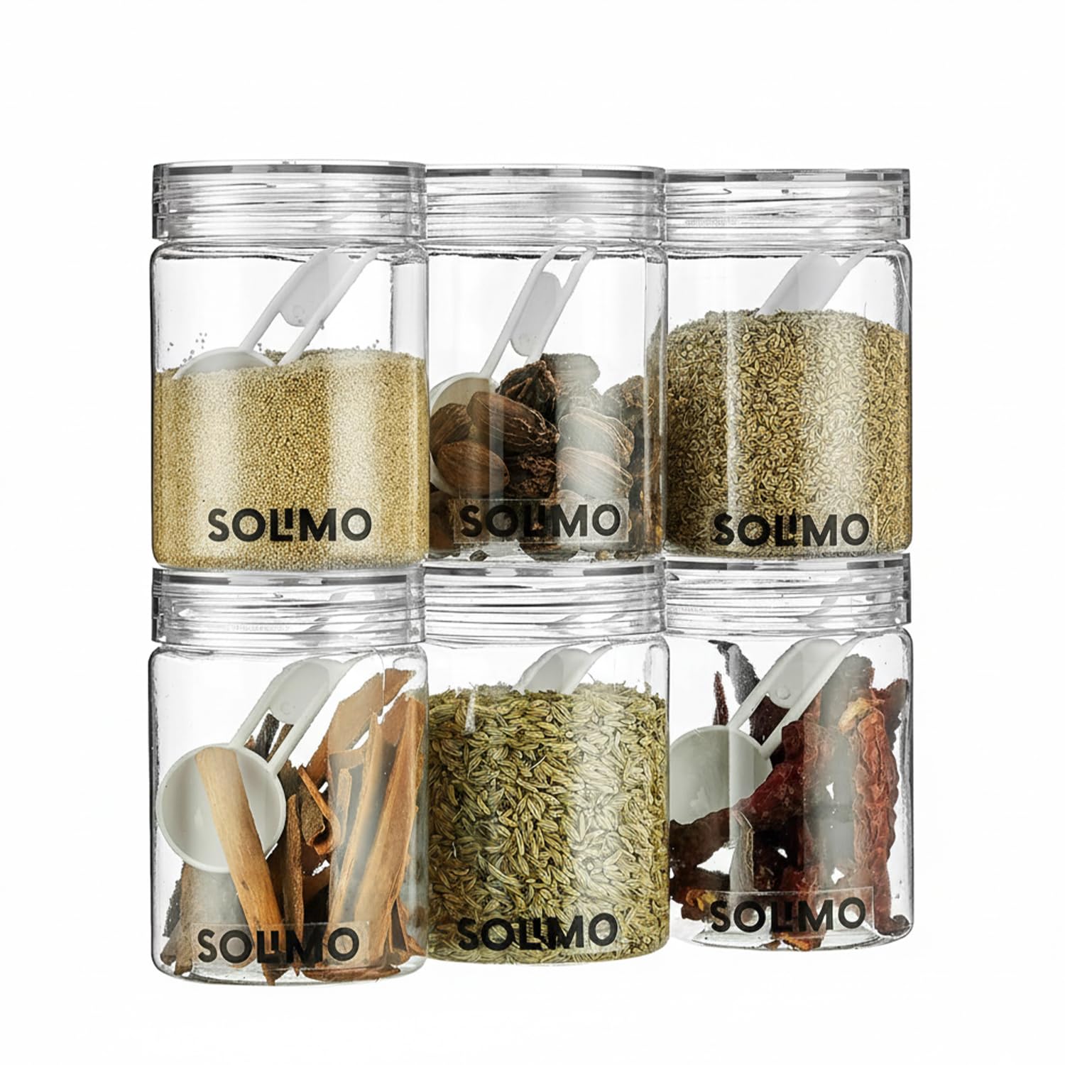 Amazon Brand - Solimo Plastic Storage Jar & Containers Set With Spoon | Air Tight & BPA Free | Kitchen Container Set | Multipurpose Jar | 300 ML Set 6 (Transparent)