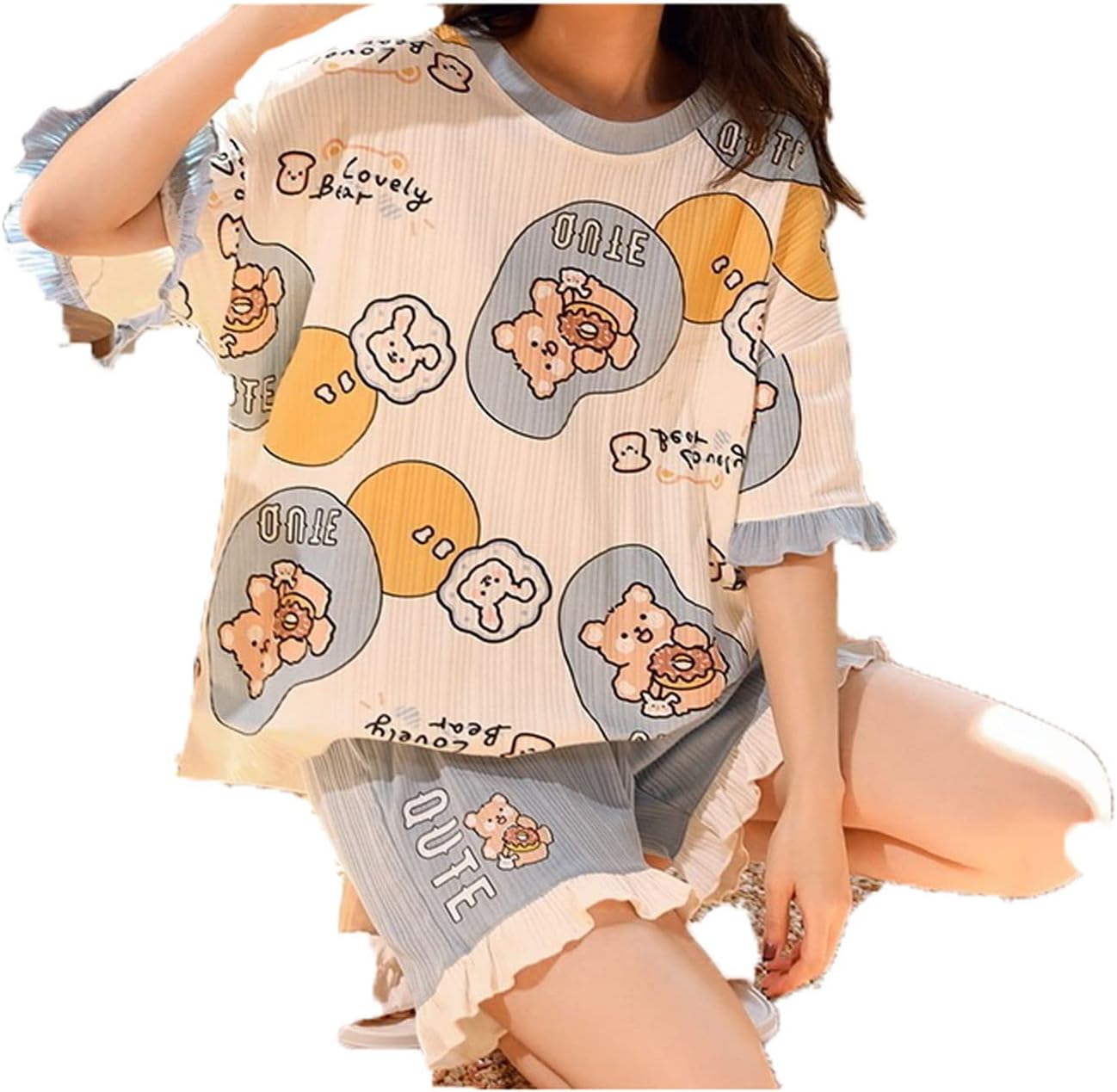 レディース パジャマ 夏のパジャマセット女性のためのかわいいクマ印刷ブルーラウンドカラーパジャマロータスエッジホームウェア若い女性の
