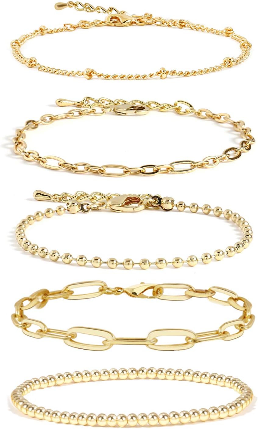 Waterproof Gold Chain Bracelet For Women Non Tarnish,14K Gold Plated Link Dainty Bracelets Stake Layered Bracelet Set Hypoallergen Gold Jewelry