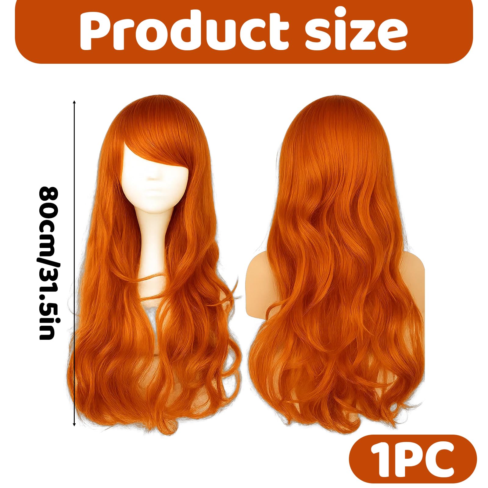 Long Orange Wig, Ginger Curly Wig for Women Anime Cosplay Wigs with Natural Look, 80cm Length for Halloween Parties and Costume Events - Image 2