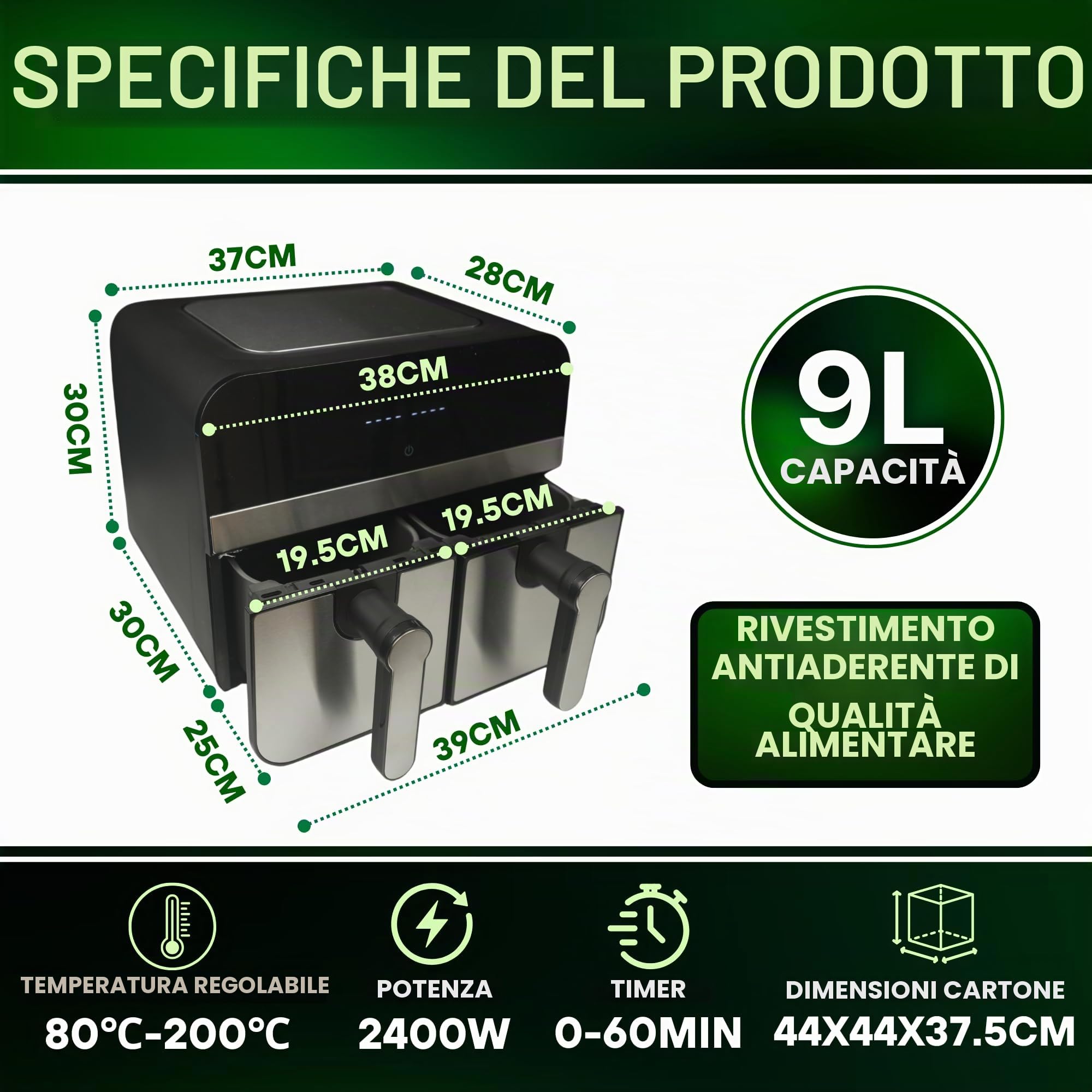 Comfy Nest, CNAFD45NS, Friggitrice ad aria calda, Friggitrice ad aria, doppio cestello digitale 2400W 9L in acciaio inox, cottura sana e veloce, ideale per i tuoi pasti in famiglia, 9L, argento
