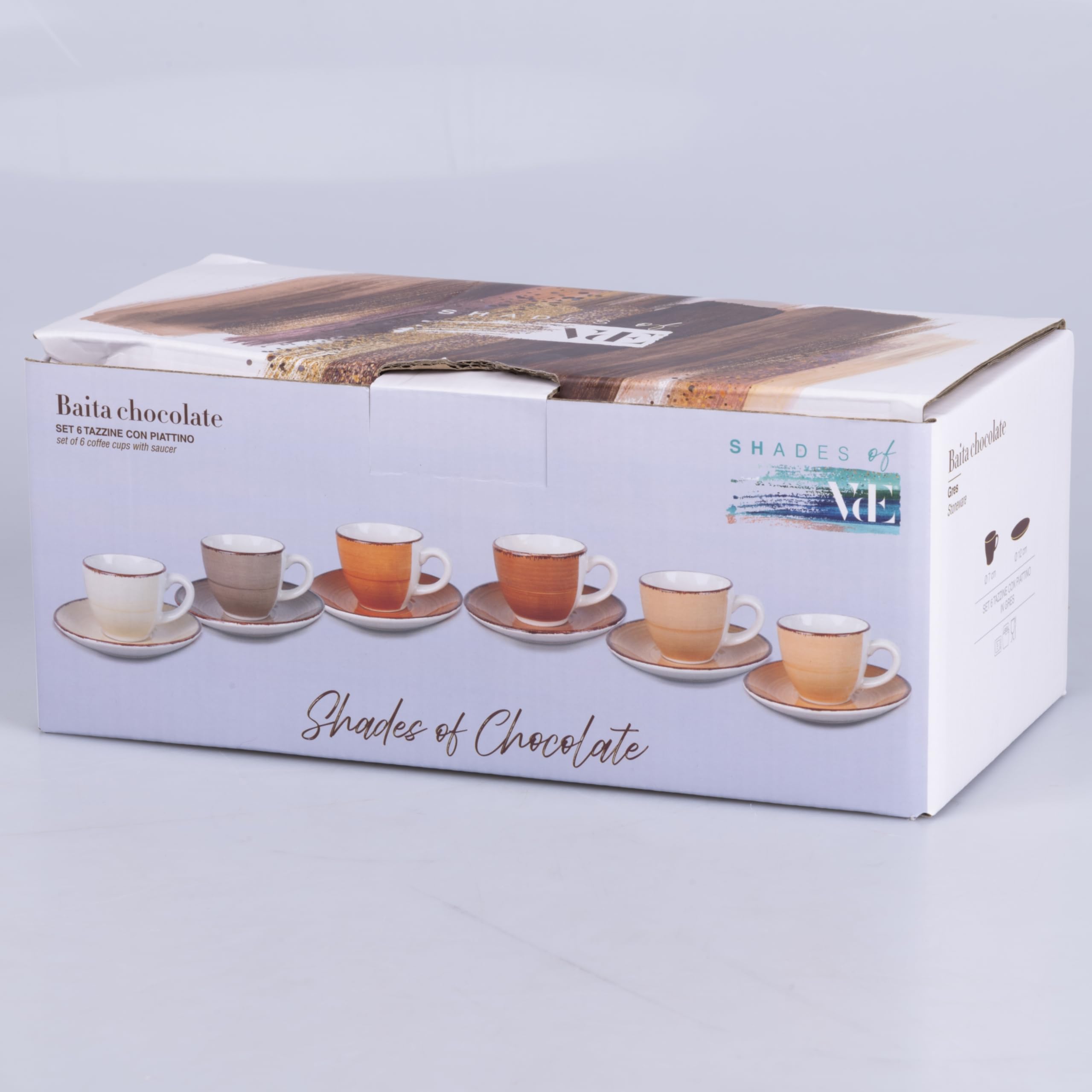 Villa d'Este Home Tivoli Set 6 tazzine caffè 90 ml con piattino in gres dipinto a mano, Baita Chocolate