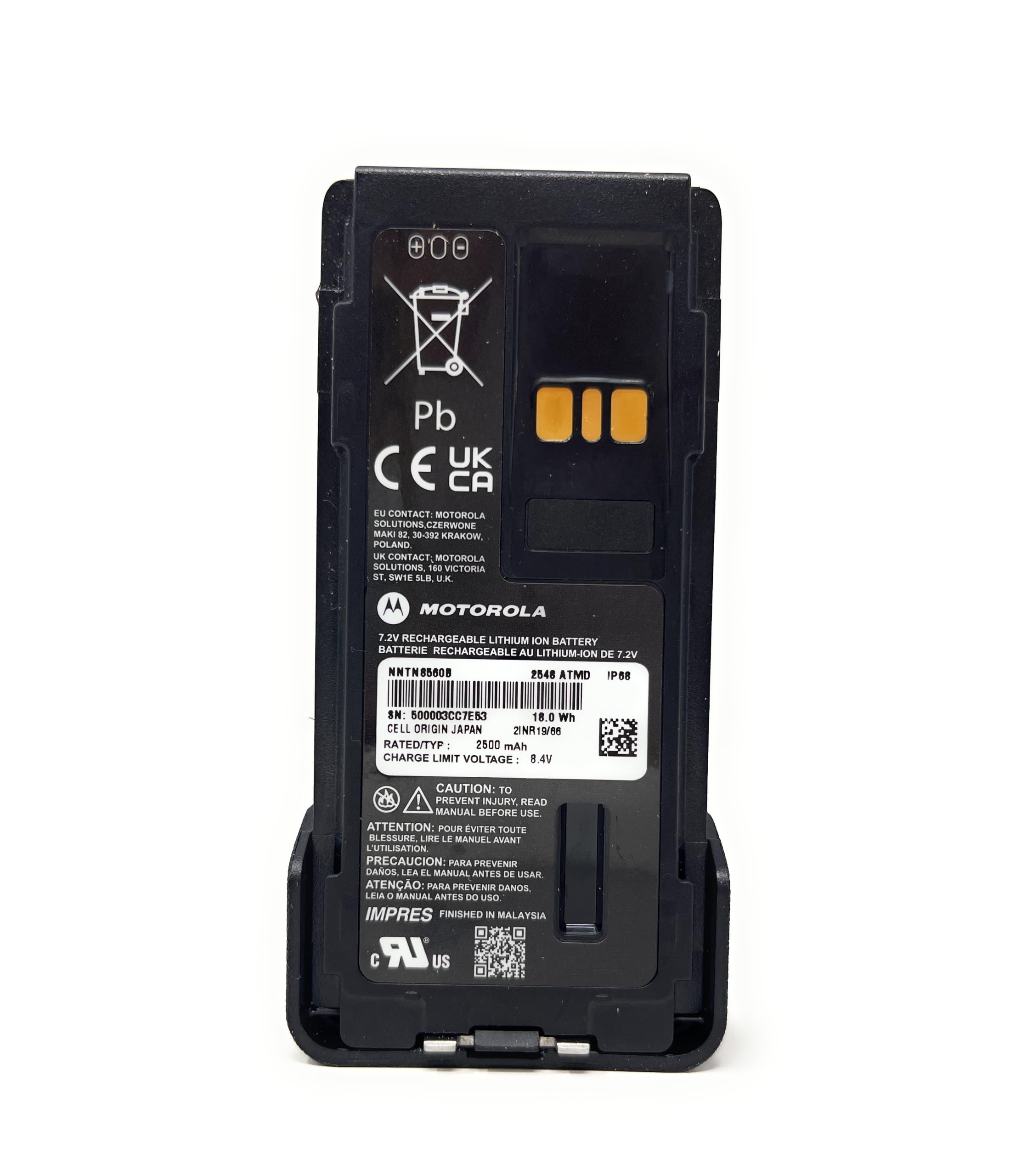 Front view of the Motorola Solutions NNTN8560B IMPRES 2 Li-Ion Battery