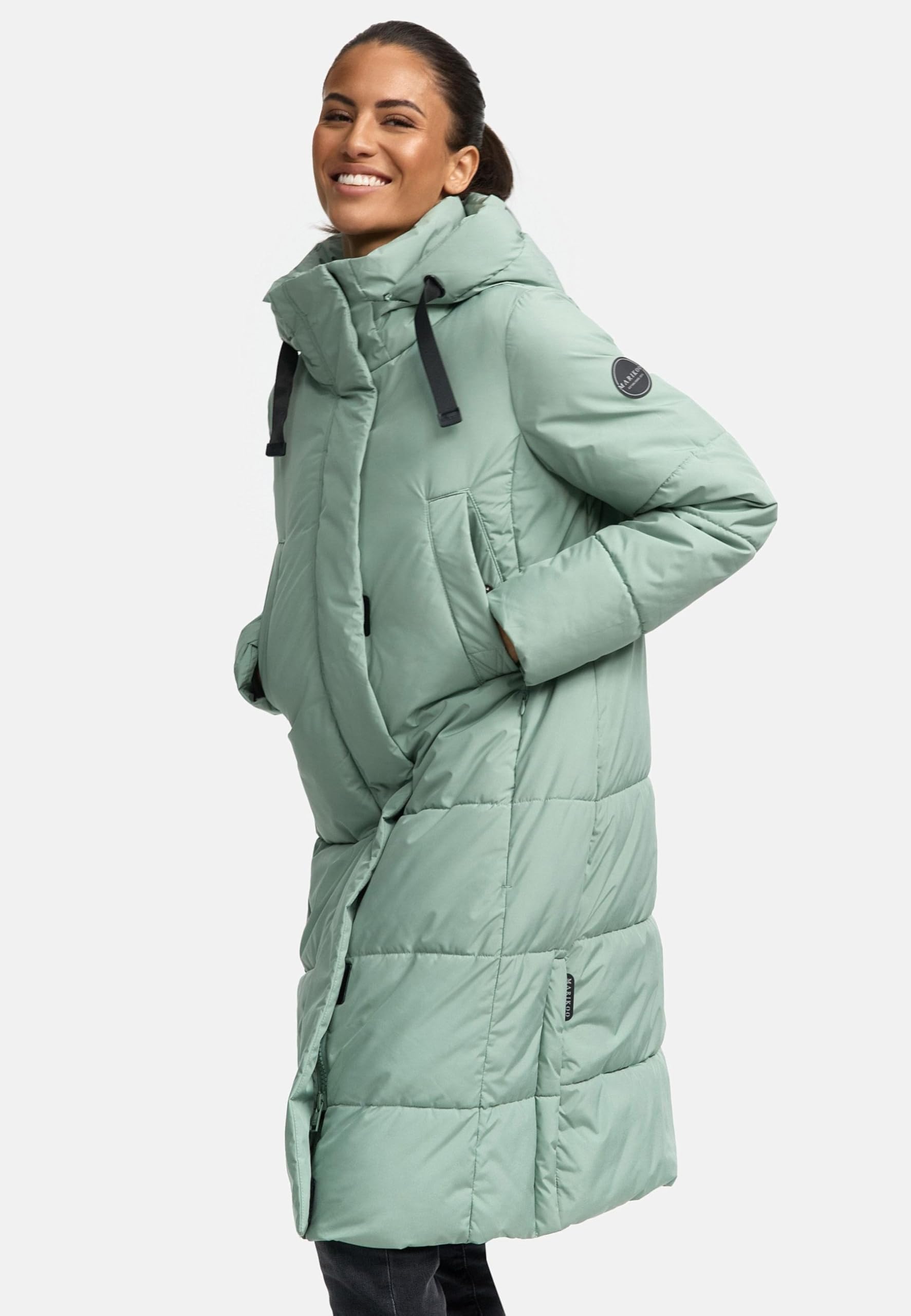 MARIKOO Damen Winterjacke (S-3XL) - Steppjacke, lang geschnitten, seitliche Gehschlitze, Kapuze (abnehmbar), Warme Jacke Frauen - N001