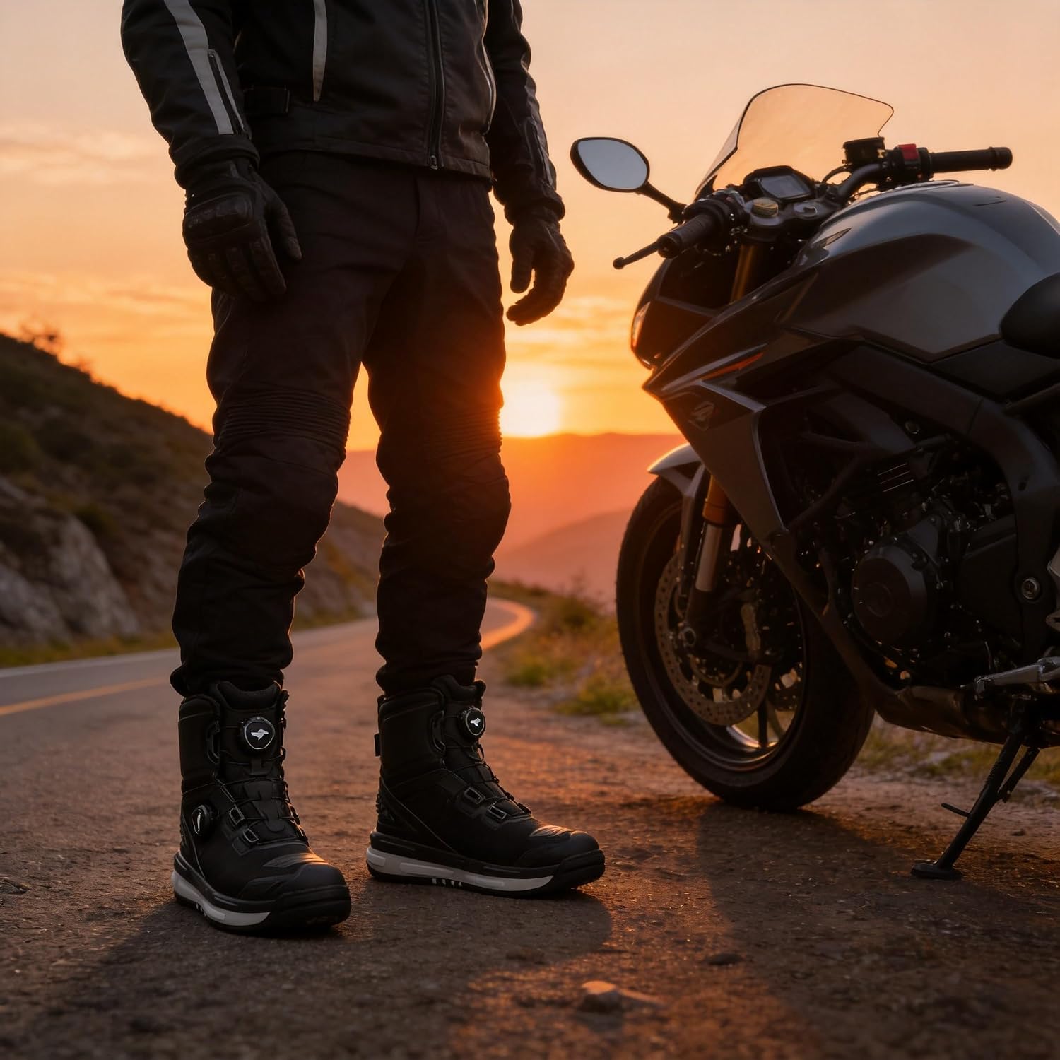 Men's 6-Inch Motorcycle Boots with Rotary Dial - Oxford Fabric Upper, Rubber Outsole, EVA Midsole, Mesh Lining(JC503, Black)