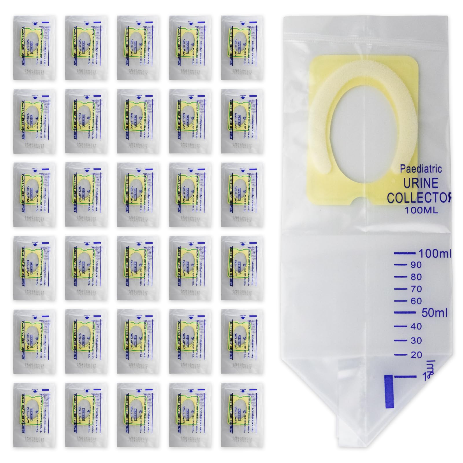 30 Pcs Pediatric Urine Bag Collectors, Clear Urine Catcher Pouch Adhesive Surface, 100ml Spill Proof Infant Urine Collection Bags - Ideal Disposable Pediatric Urine Collectors