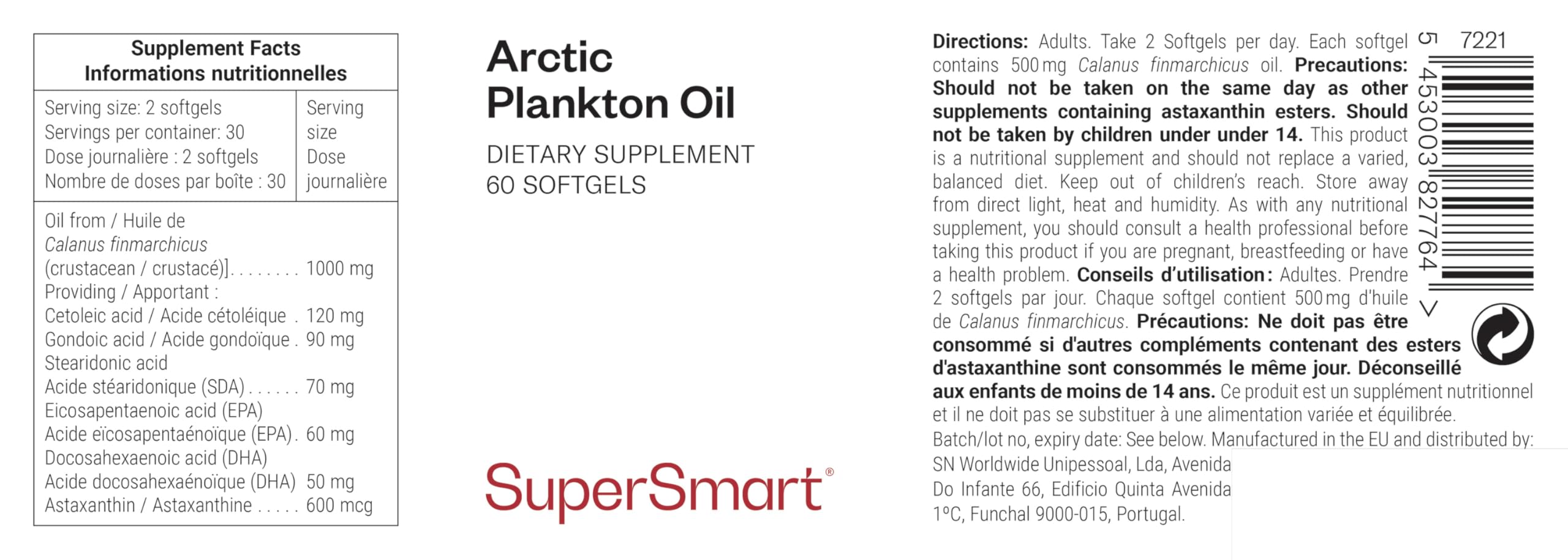 SuperSmart - Arctic Plankton - Huile de Calanus (Origine Zooplanctonique) - Acides Gras Oméga 3 (EPA, DHA et SDA) - Brule Graisse | Sans OGM - 60 Softgels