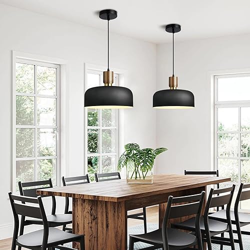 Miniatura 4 de Lámpara colgante negra moderna de 11.6 pulgadas, lámpara colgante grande para isla de cocina, madera maciza con pantalla martillada, lámpara de