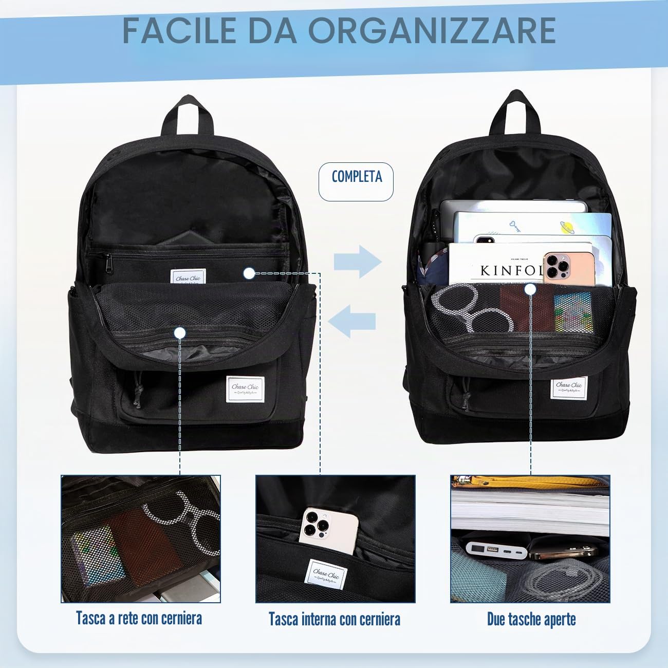 Chase Chic Zaino Uomo Donna, 15,6 Pollici Zainetto Scuola Leggero Zaini Porta Pc Grande Backpack per Università Media Lavoro