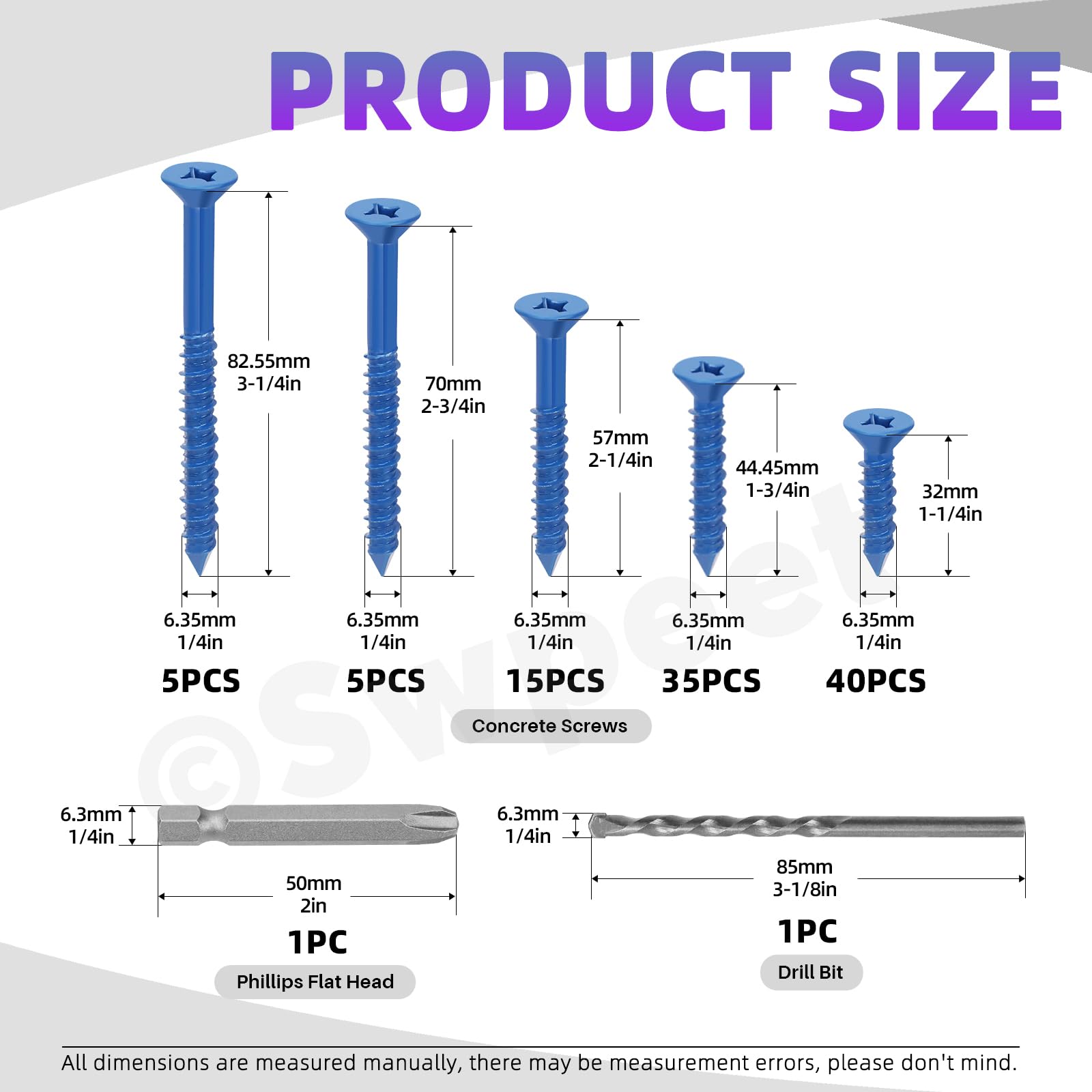 Swpeet 102Pcs 5 Sizes 1/4" Flat Head Concrete Screw Anchors with Screwdriver Bit and Drill Bit Assortment Kit - Image 2