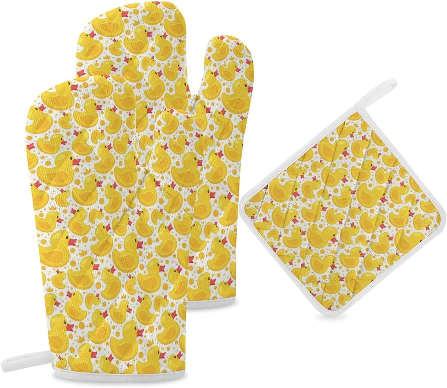 Cute Rubber Ducks Print Oven Mitts and Pot Holders 3 Piece Sets Heat Resistant Gloves Hot Pads Potholders for Kitchen Baking Cooking