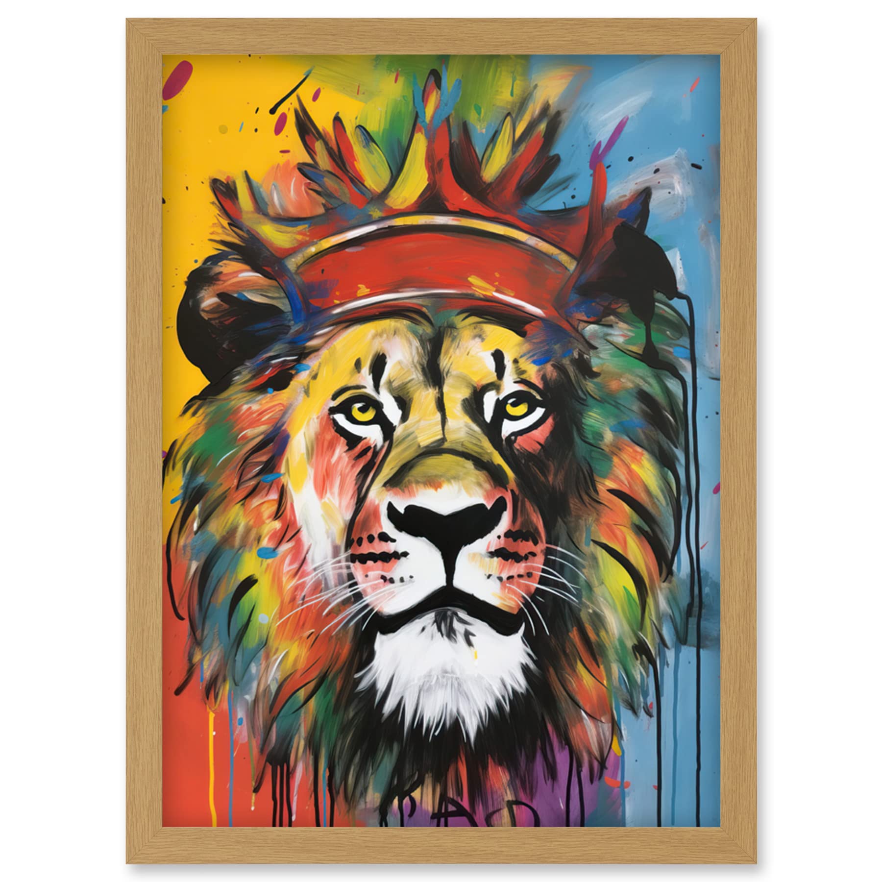 Artery8 King of the Jungle Lion with Crown Modern Pop Art Artwork Framed Wall Art Print A4