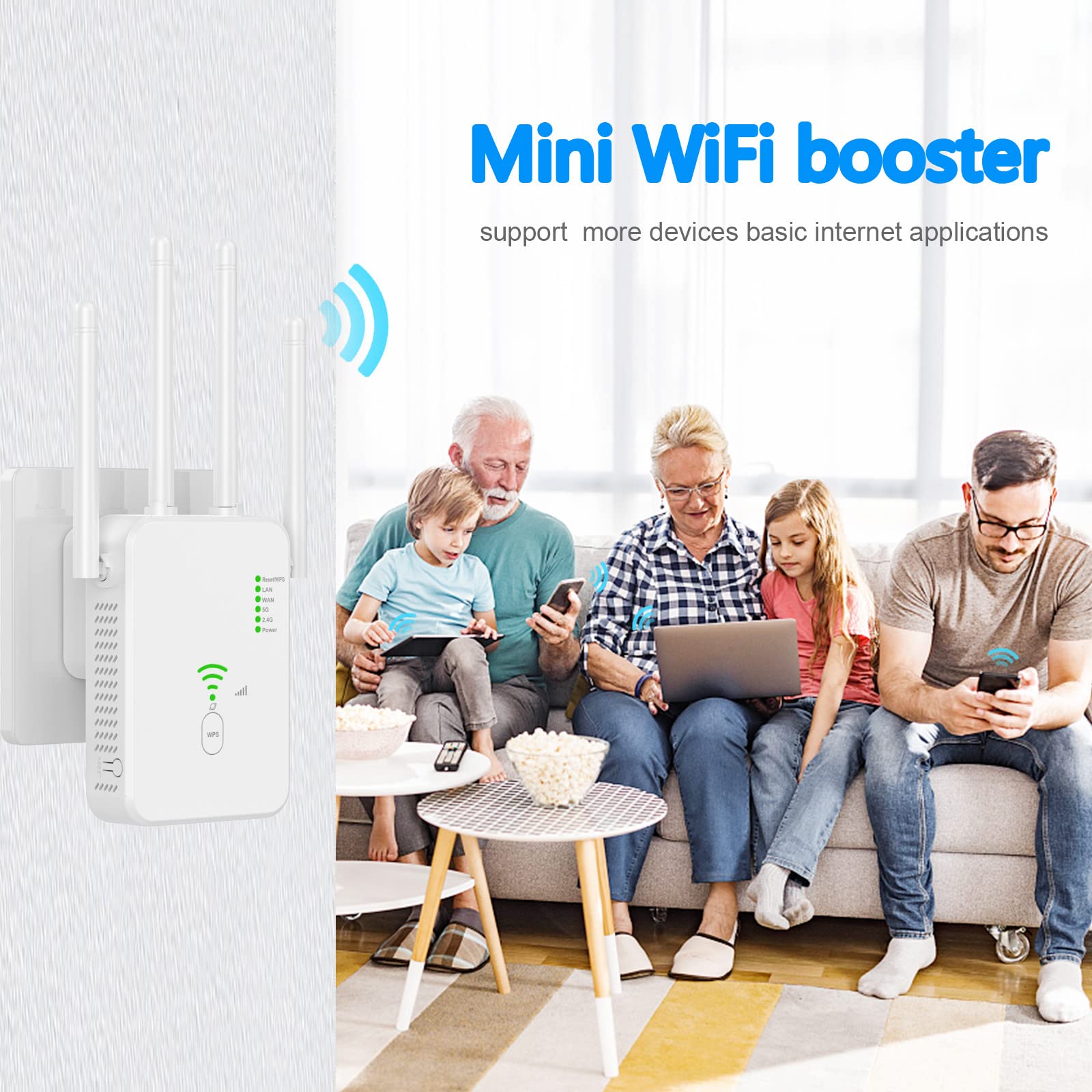 Wifi-versterker, repeater, 300 Mbit/s, 2,4 GHz wifi-repeater met LAN-aansluiting, wifi-extender booster met WPS, WPA2, internetversterker, werkt met alle wifi-routers