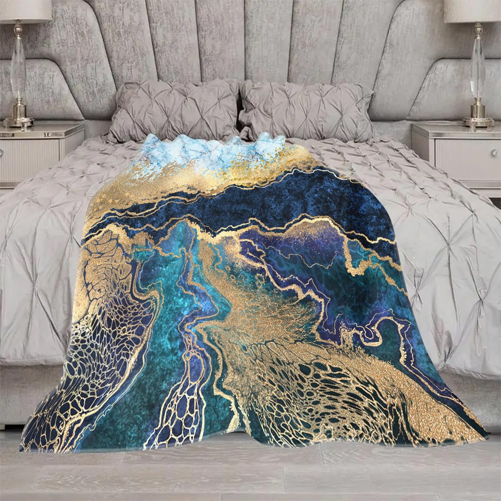 DMKZDSNH Abstract Marble Pattern Flannel Blanket, Blue and Gold Design (80×150CM)