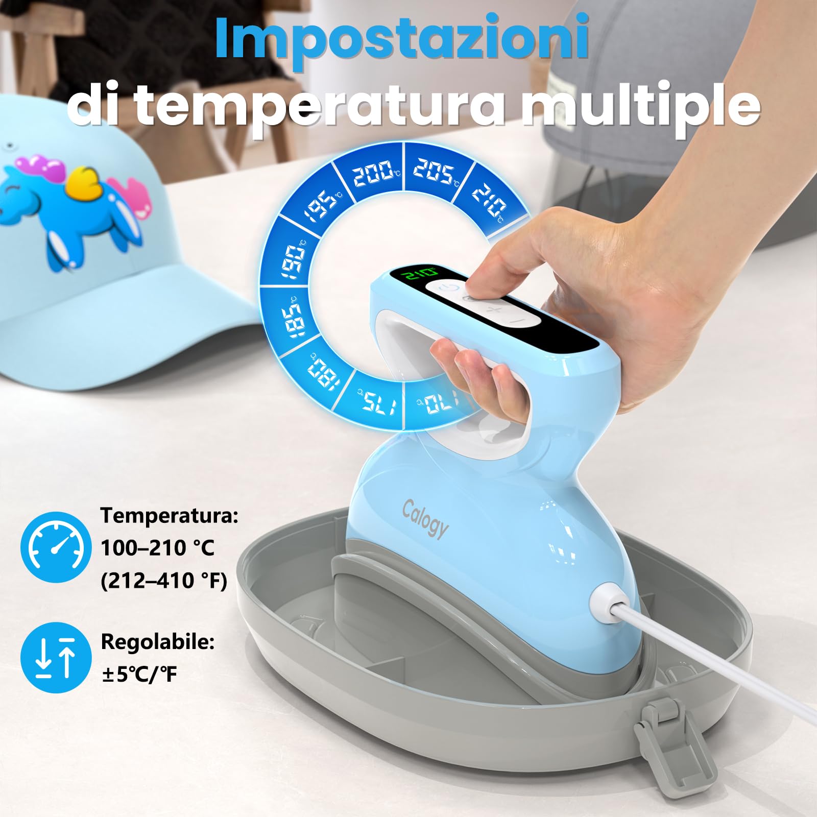 Calogy Mini Pressa a Caldo per Cappelli con Conto alla Rovescia, Temperatura Massima 210℃, Base Rotonda per Cappelli, Berretti, Snapback, Cappello da pescatore, Cappello da sole