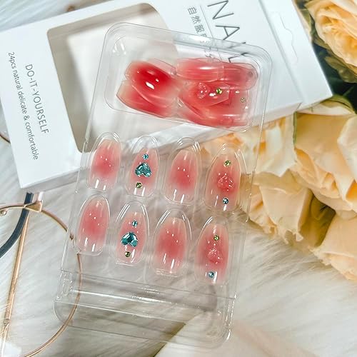 Miniatura 5 de Uñas postizas acrílicas a presión de color rosa de longitud media con corazón de cristal 3D, uñas postizas cuadradas, uñas postizas de cobertura