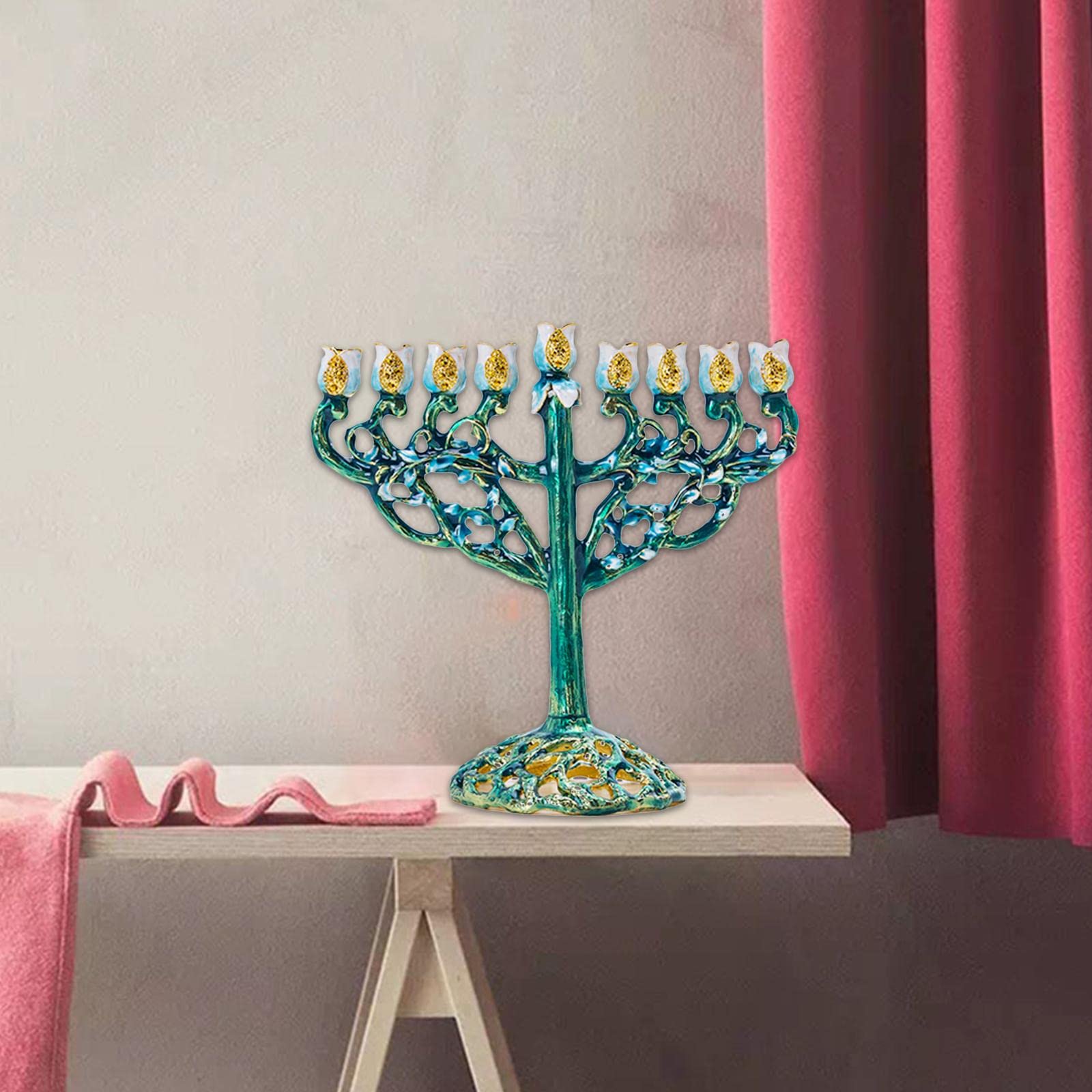 Baoblaze Menorah smaltato Hanukkah Dipinto a Mano Bejeweled Jewish con candelabri ingioiellati Accenti - Verde