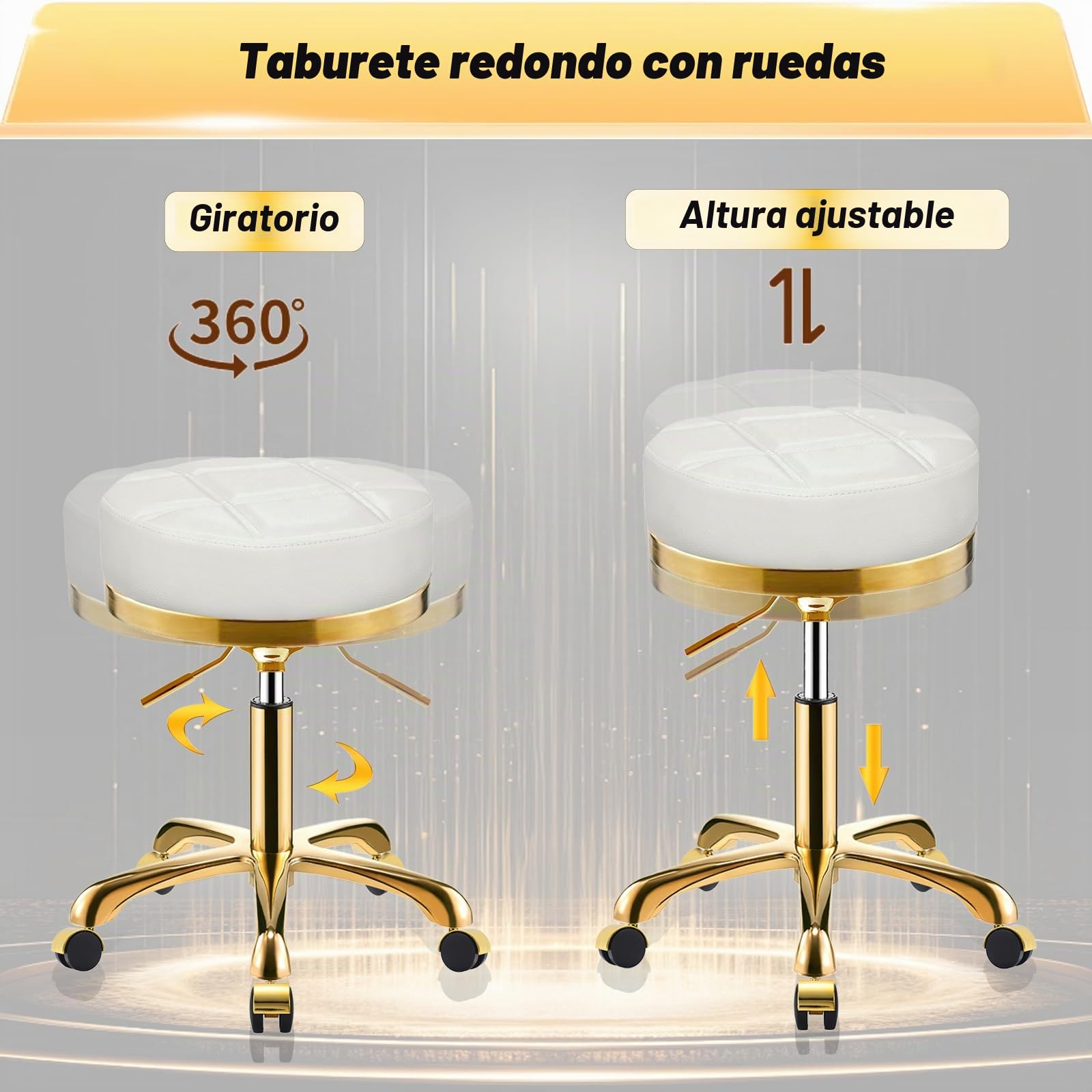 Dorado Taburete con Ruedas, Silla Giratoria Redondo de Cuero PU, Taburetes para Tocador, Oficina y Esteticista, Banqueta Regulable Altura de 45 a 58 cm (Blanco, Sin Respaldo)